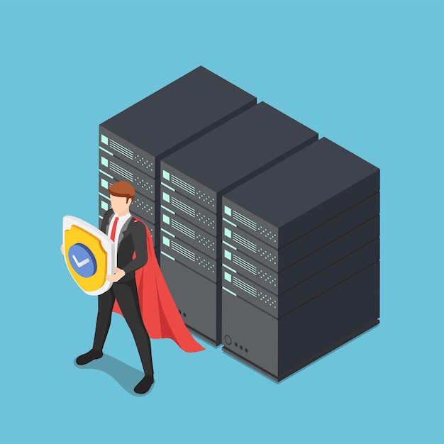 ベクトル データセンターサーバーラックを保護するシールドを保持しているフラット3dアイソメトリックスーパービジネスマン。データベースセキュリティとddata保護の概念。