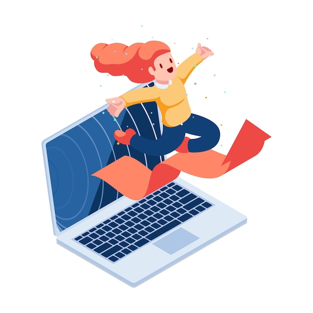 Flat 3d Isometric Woman Jumping Out From Laptop Monitor with Rising Graph Business Success Concept