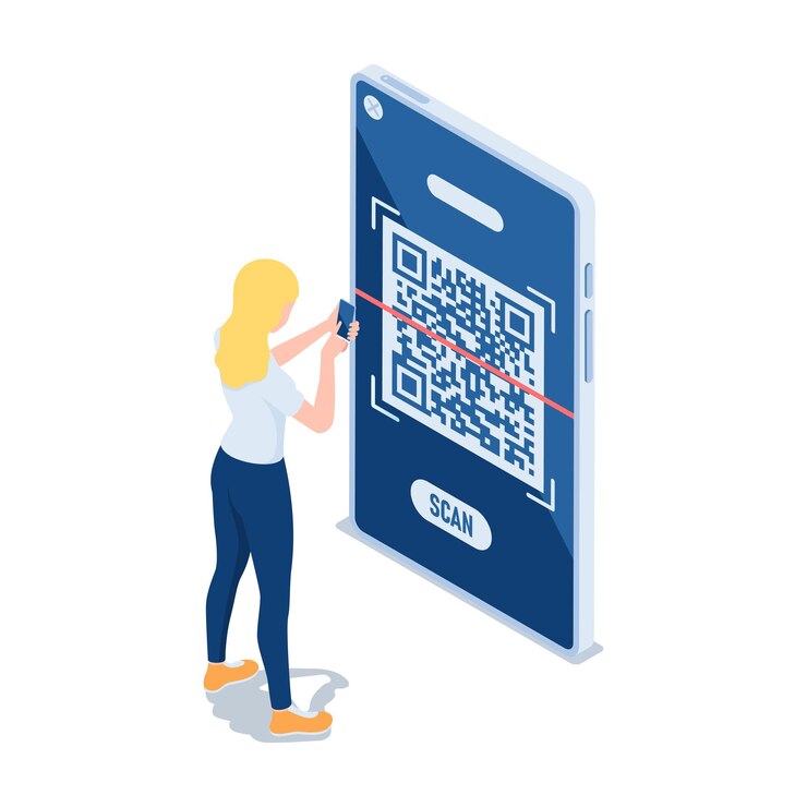 Vector flat 3d isometric woman use smartphone scanning qr code. qr code verification technology concept.