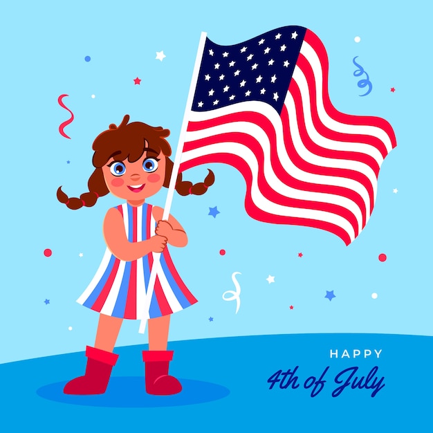 flat 4th of july illustration with girl holding flag