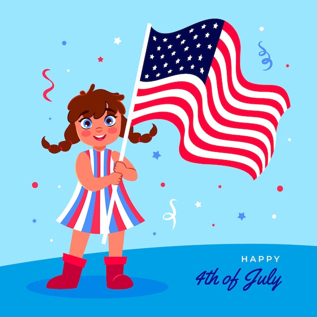 Vector flat 4th of july illustration with girl holding flag