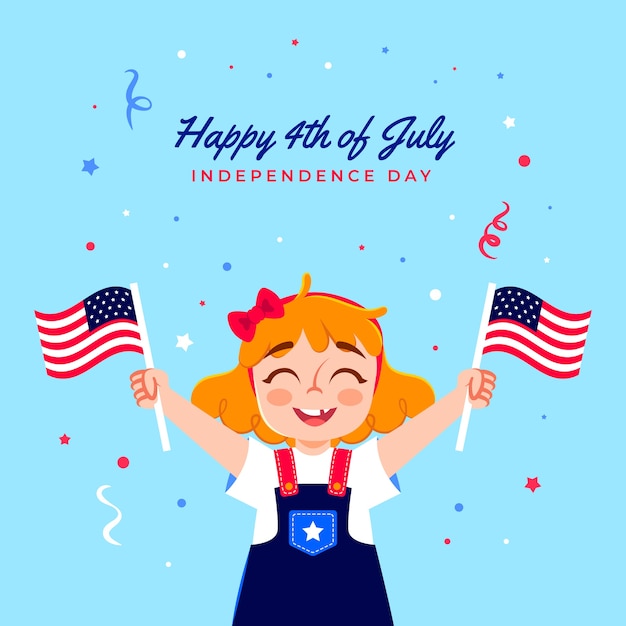 Vector flat 4th of july illustration with girl holding flags