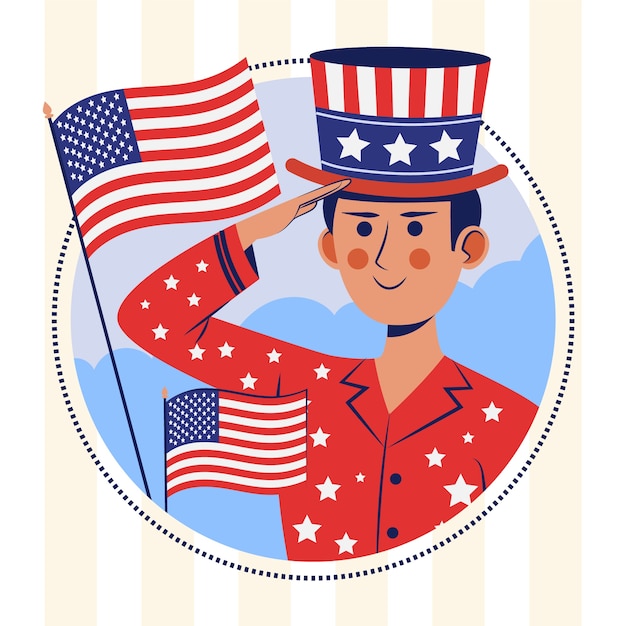 Vector flat 4th of july illustration with man saluting