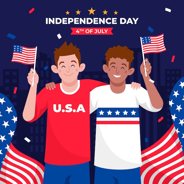 Vector flat 4th of july illustration with men holding flags