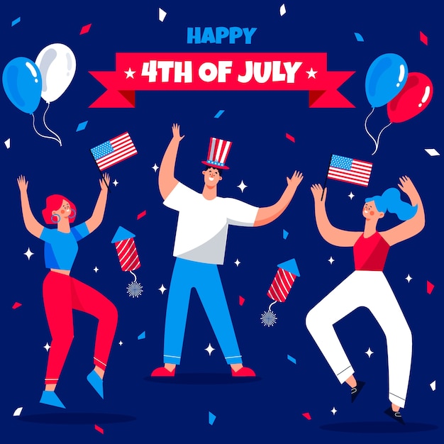 Vector flat 4th of july illustration with people celebrating