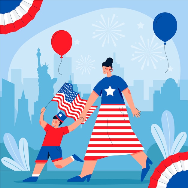 Flat 4th of july illustration with woman and child holding flag