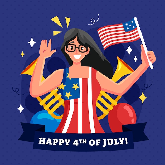 Vector flat 4th of july illustration with woman holding flag