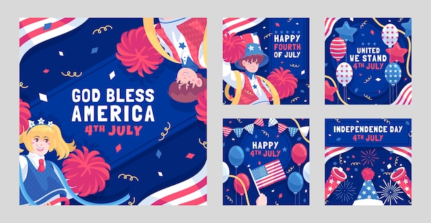 Flat 4th of july instagram posts collection