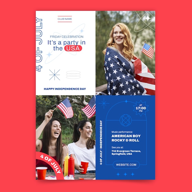 Flat 4th of july vertical poster template