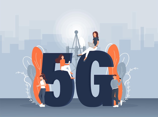 밝은 배경 디지털 통신 인터넷 기술에 평면 5g 사람들