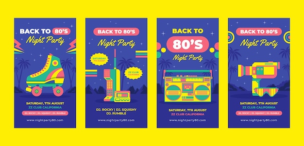 Vector flat 80's themed party instagram stories collection