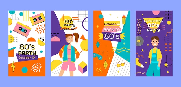 Flat 80's themed party instagram stories collection