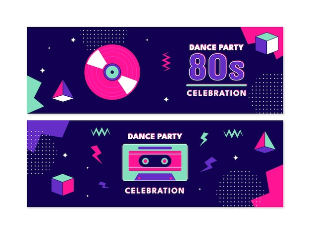 flat 80s party horizontal banners collection