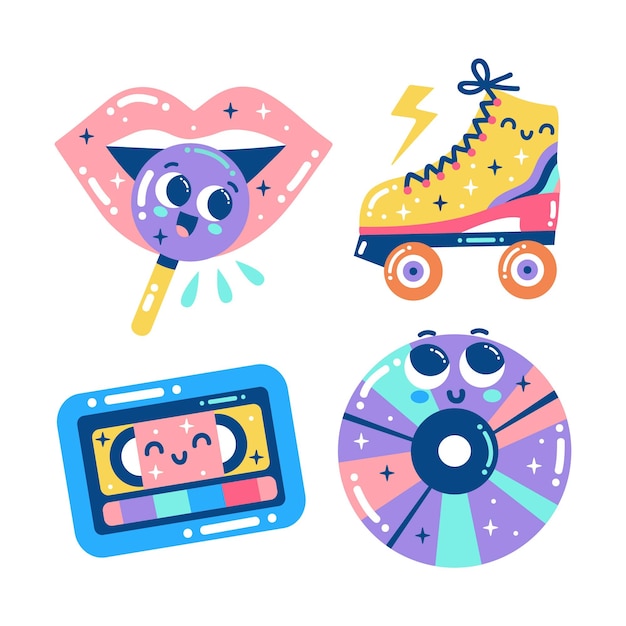 Vector flat 90's themed stickers collection
