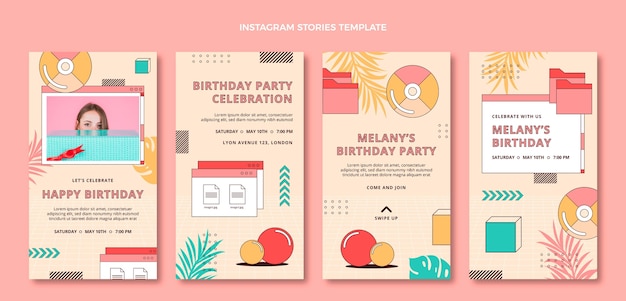 Vector flat 90s nostalgic birthday instagram stories