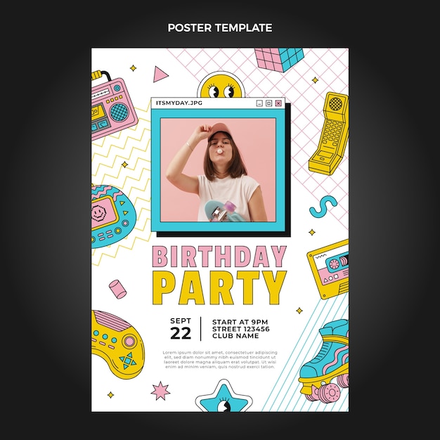 Vector flat 90s nostalgic birthday poster