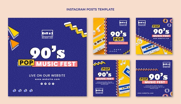 Vettore post instagram del festival musicale nostalgico piatto anni '90