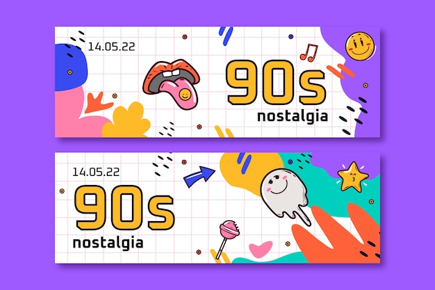 Flat 90s party horizontal banners pack