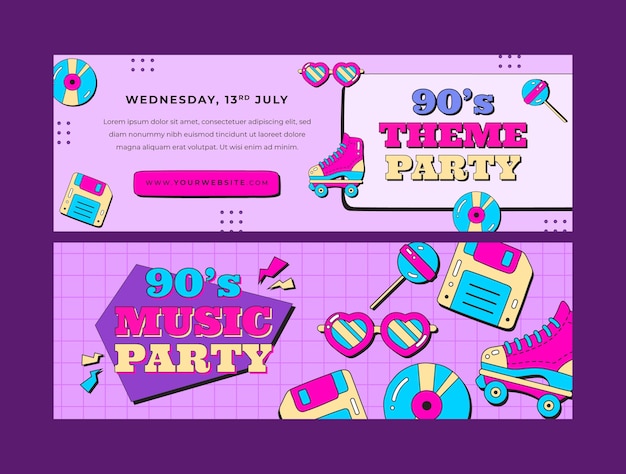 flat 90s party horizontal banners pack