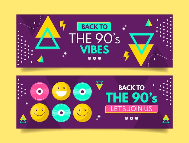 Vector flat 90s party horizontale banners pack