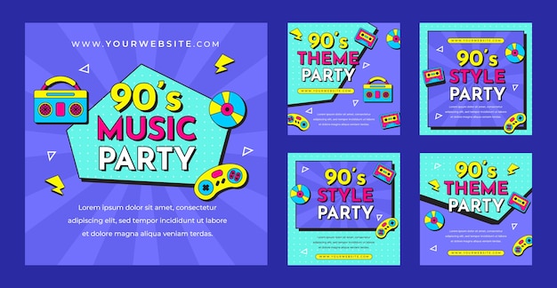 Vector flat 90s party instagram posts collection