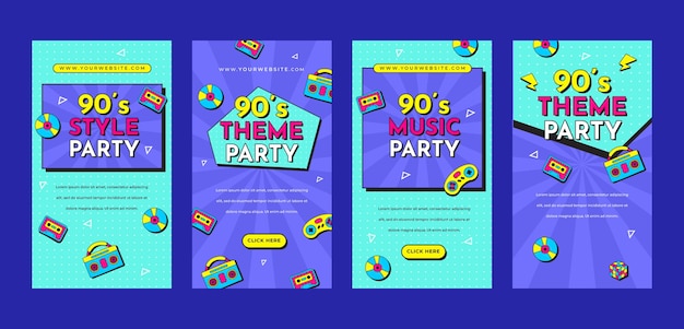 Vector flat 90s party instagram stories collection