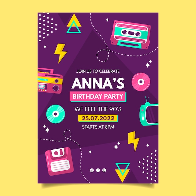 Flat 90s party vertical poster template