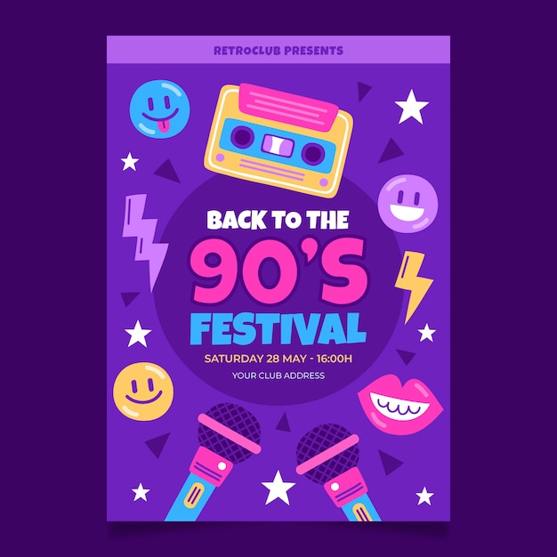 Flat 90s party vertical poster template