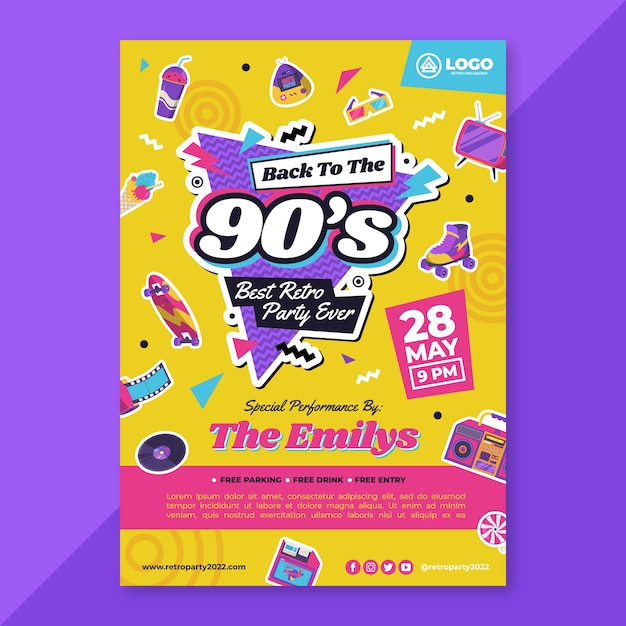 Vector flat 90s party vertical poster template