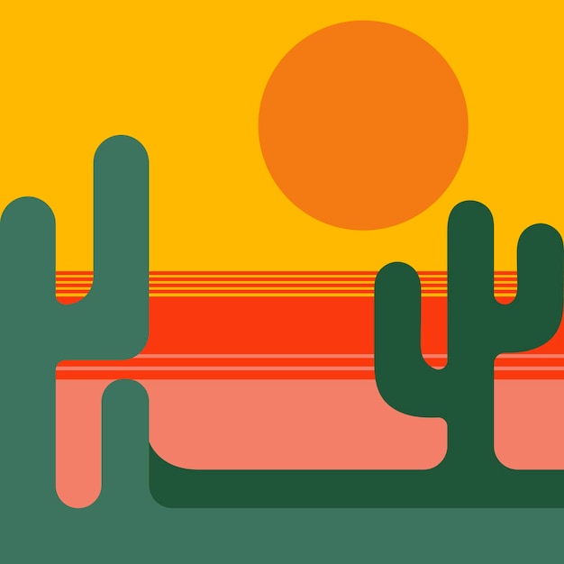 Flat abstract geometric icon sticker button with desert sun cactuses