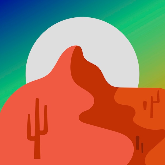 Vector flat abstract icon sticker button with desert mountains sun cactuses with gradient skyx9