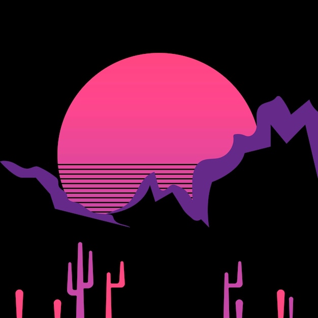 Flat abstract icon sticker button with silhouette of mountains sun cactuses in neon purple pink colors