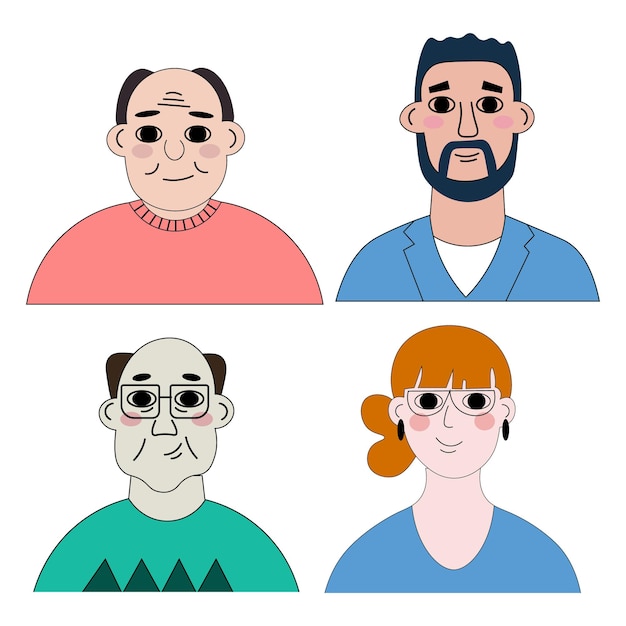 Плоский абстрактный иллюстрационный набор нарисованных мужчин и женщин разной внешности