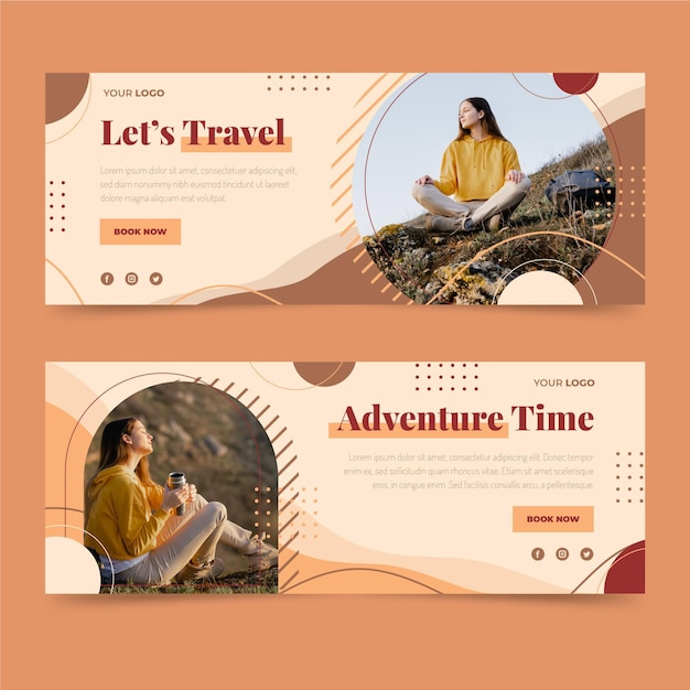 Vector flat adventure banners set with photo