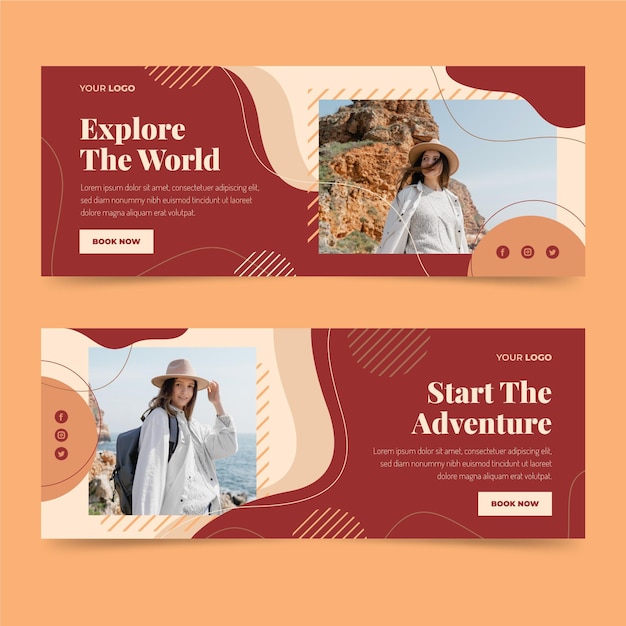 Flat adventure banners set with photo