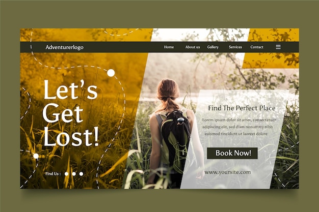 Flat adventure landing page template with photo