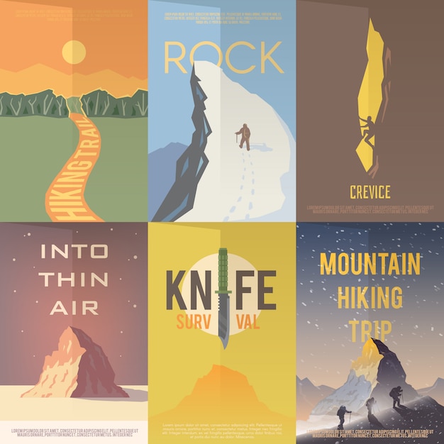 Flat  advertising posters. climbing, hiking.