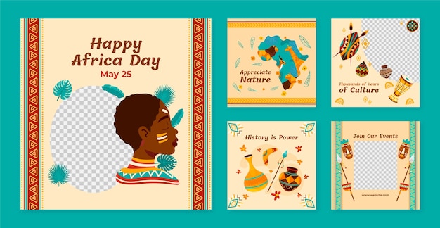 Vettore raccolta di post su instagram di flat africa day