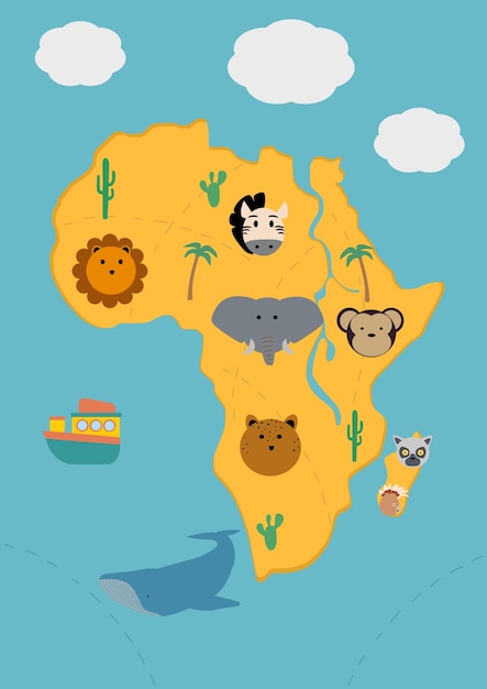 Flat africa flora and fauna map constructor elementsanimals and sea life isolated on set