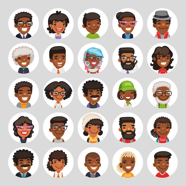 Flat african american round avatars on white