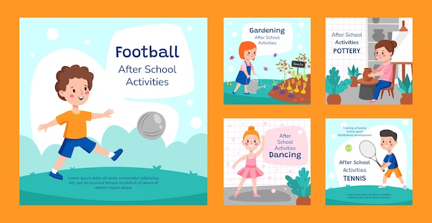 Flat after-school activities for children instagram posts collection