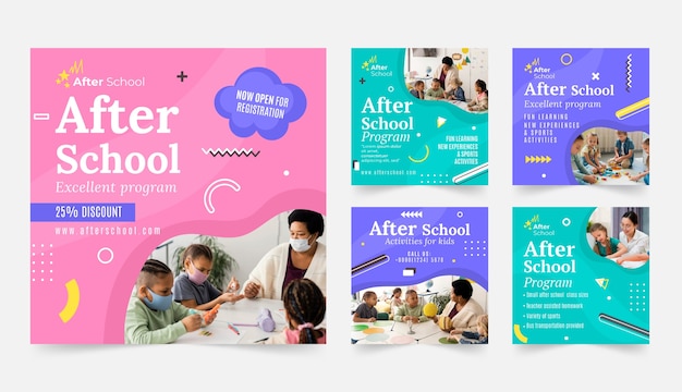 Vector flat after-school activities for children instagram posts collection