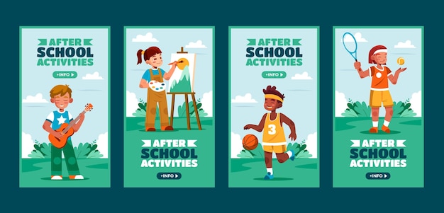 Vector flat after-school activities for children instagram stories collection