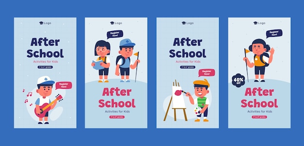 Vector flat after school activities instagram stories collection