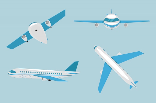 Vector flat airplane collecetion. blue aiplane. airplane on blue background. airliner in top, side, front view.