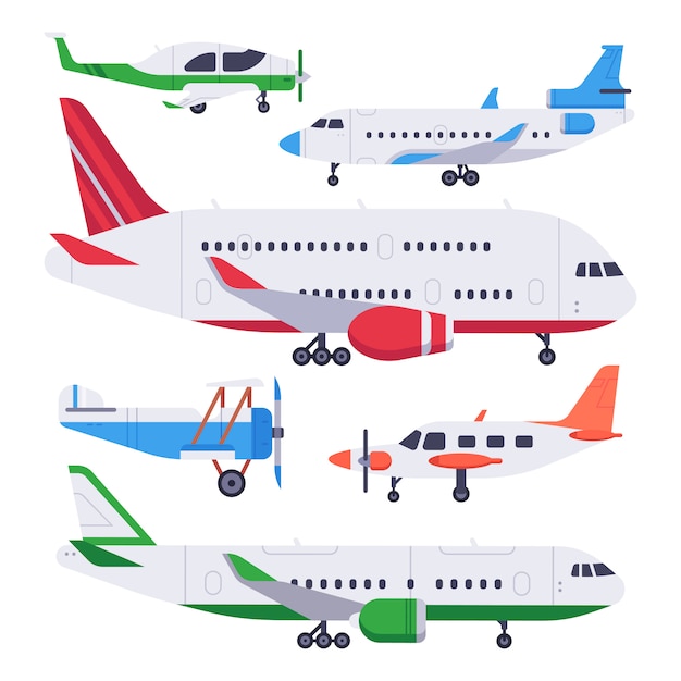 Flat airplanes. aviation float airplane, private air plane and jet aircraft isolated  illustration set