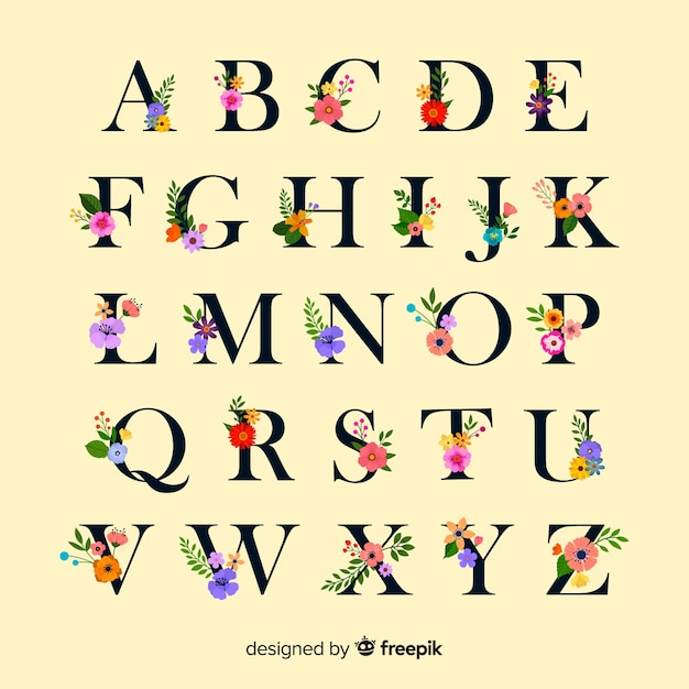 Flat alphabet with flowers