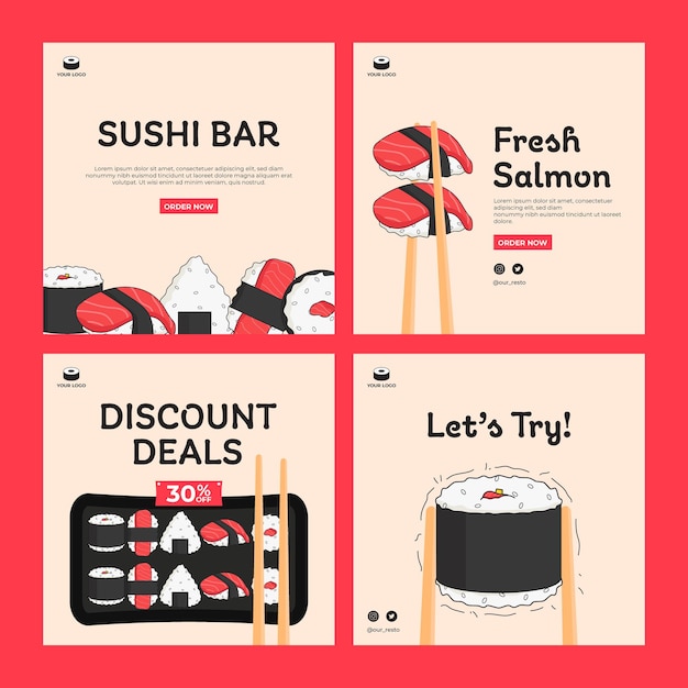 Вектор Плоский и стильный шаблон суши в социальных сетях для маркетинга азиатской кухни