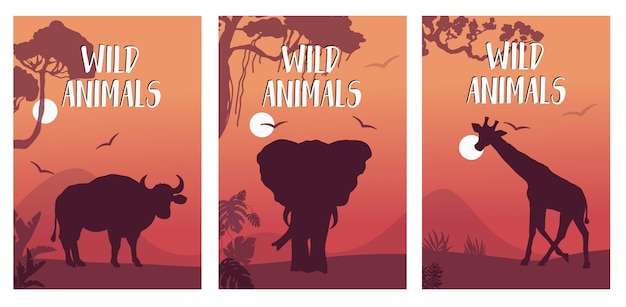 Flat animal silhouettes cards set