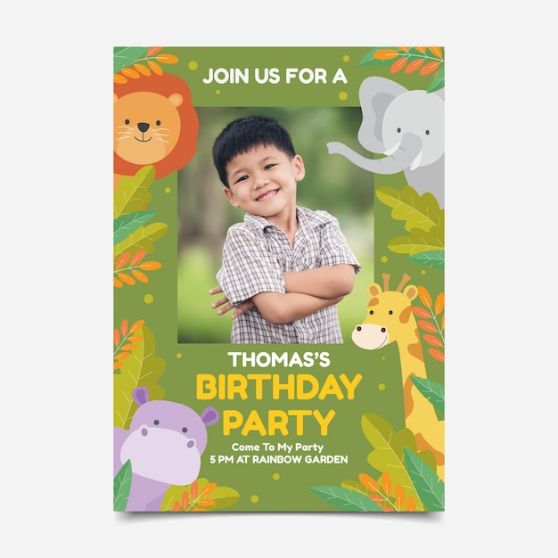 Vector flat animals birthday invitation template with photo